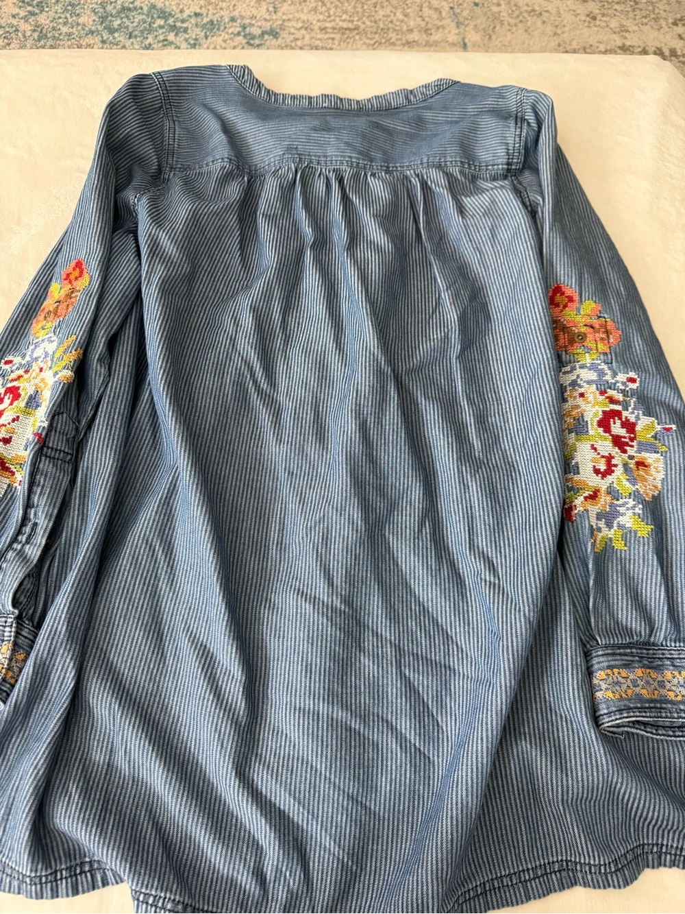 Sundance Kenza Floral Embroidered Tunic Blue Striped Cotton Denim Boho 1X D99 - Picture 8 of 9